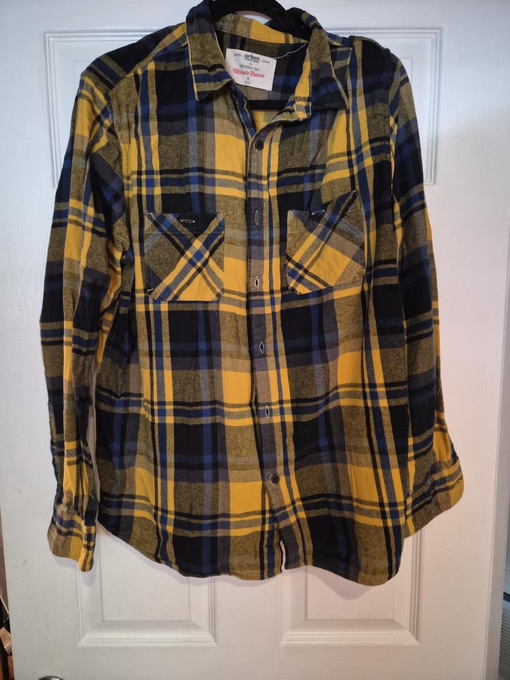 Urban Pipeline Ultimate Flannel Shirt XL Yellow Navy Plaid